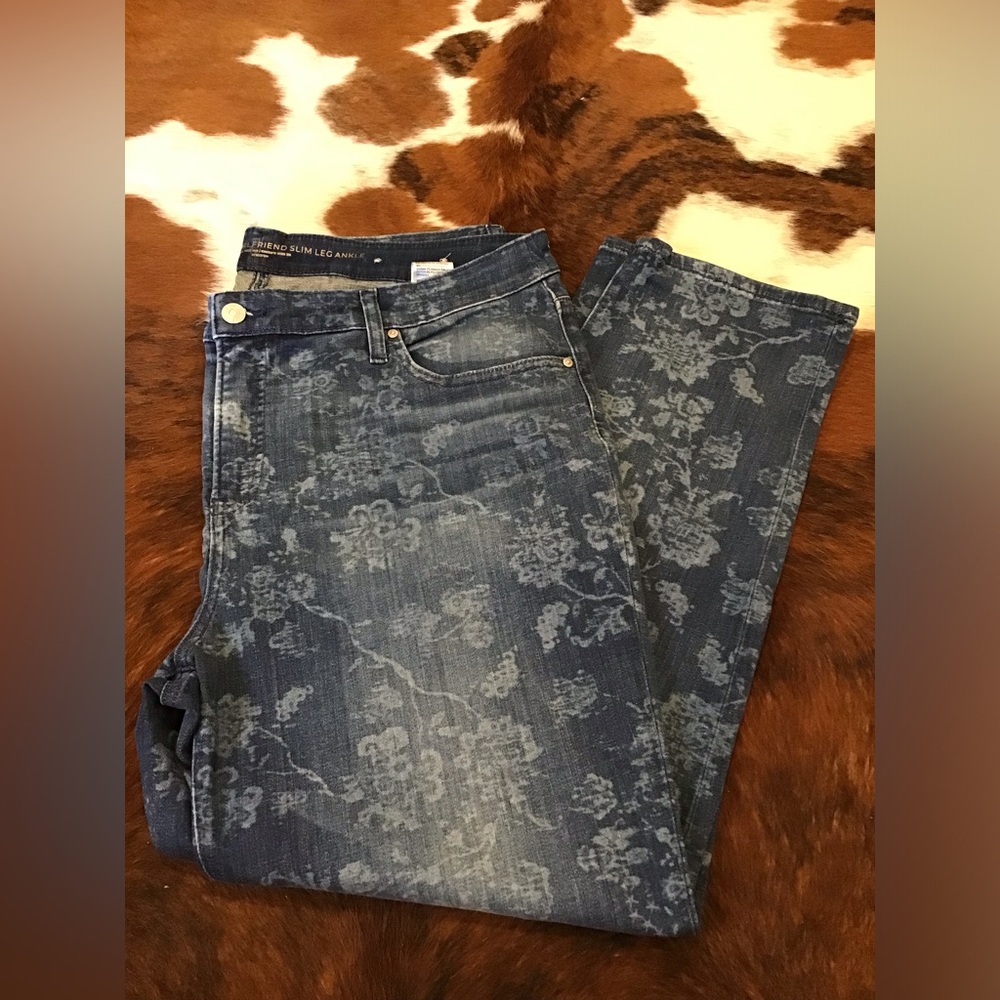 Chico's Girlfriend Slim Leg Blue Floral Ankle Jeans